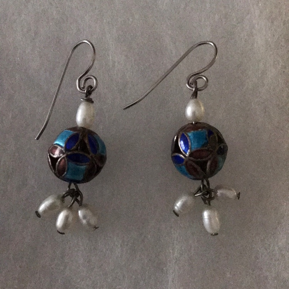 Blue and Pearl drop earrings